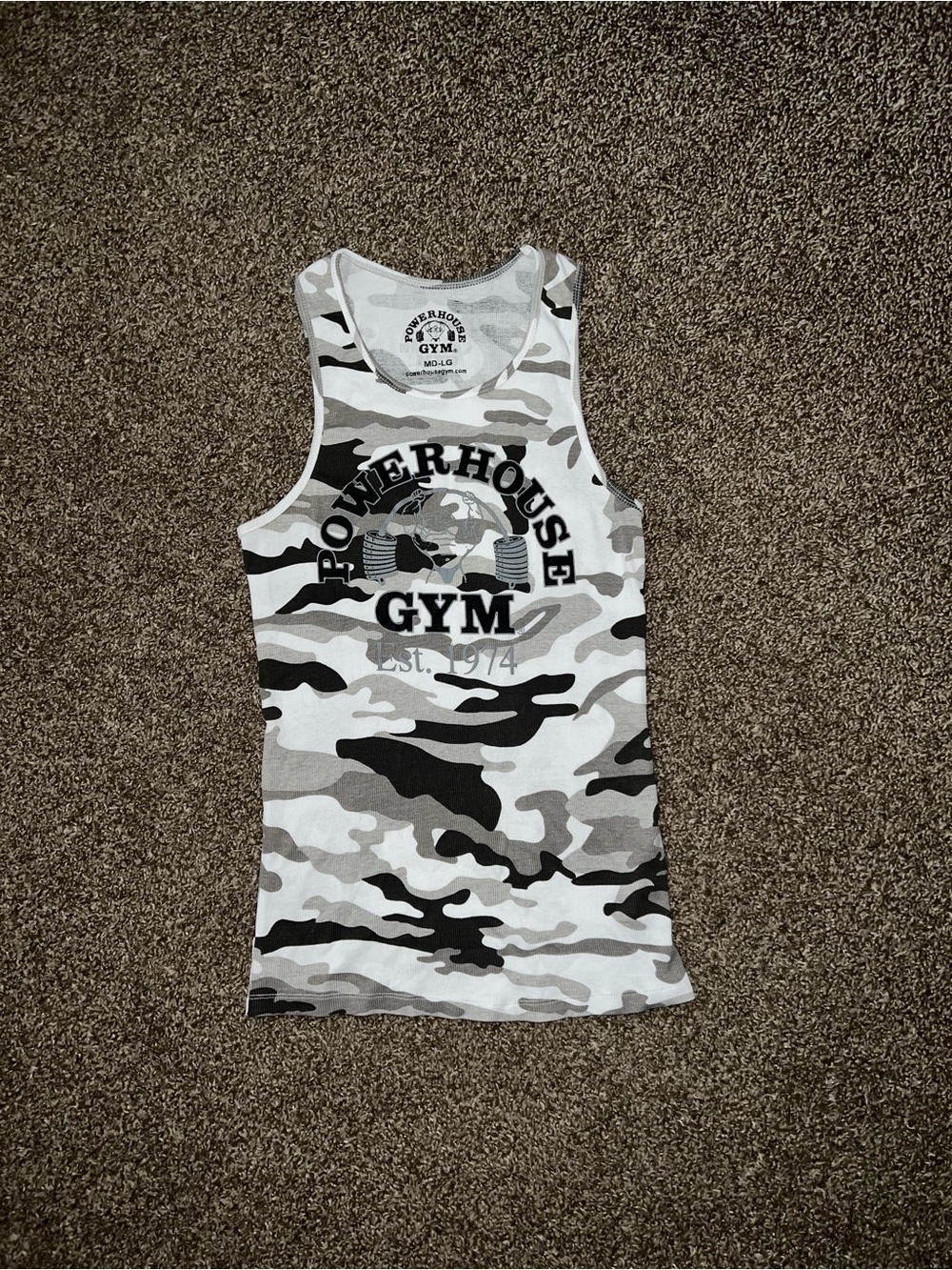 Powerhouse Gym Vintage OG Rare Military Camp White Black Grey Tank Top